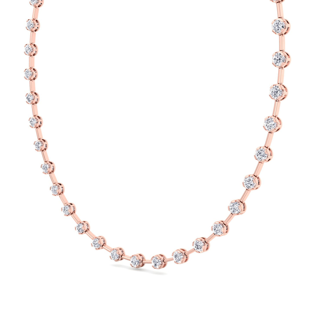 Crown Prong Round Natural Diamond Bar Necklace Rose Gold 14K