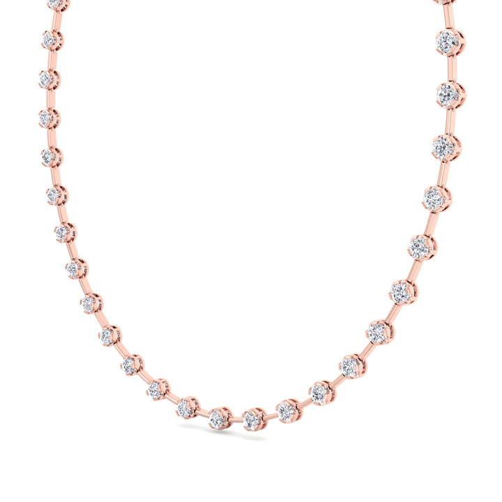 Crown Prong Round Natural Diamond Bar Necklace Rose Gold 14K