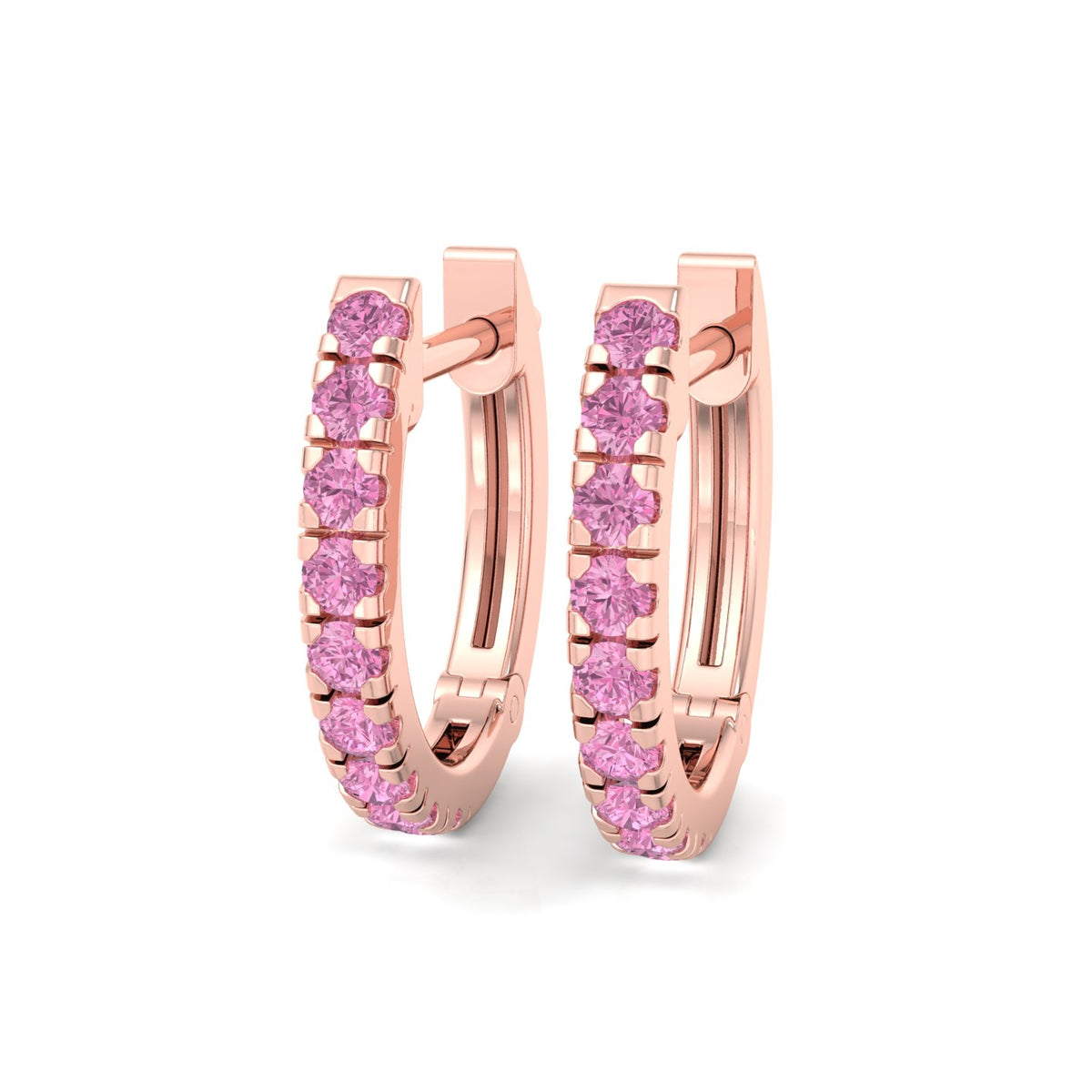 Natural Pink Sapphire Round Shape Huggie Hoop Earrings Rose Gold 14K