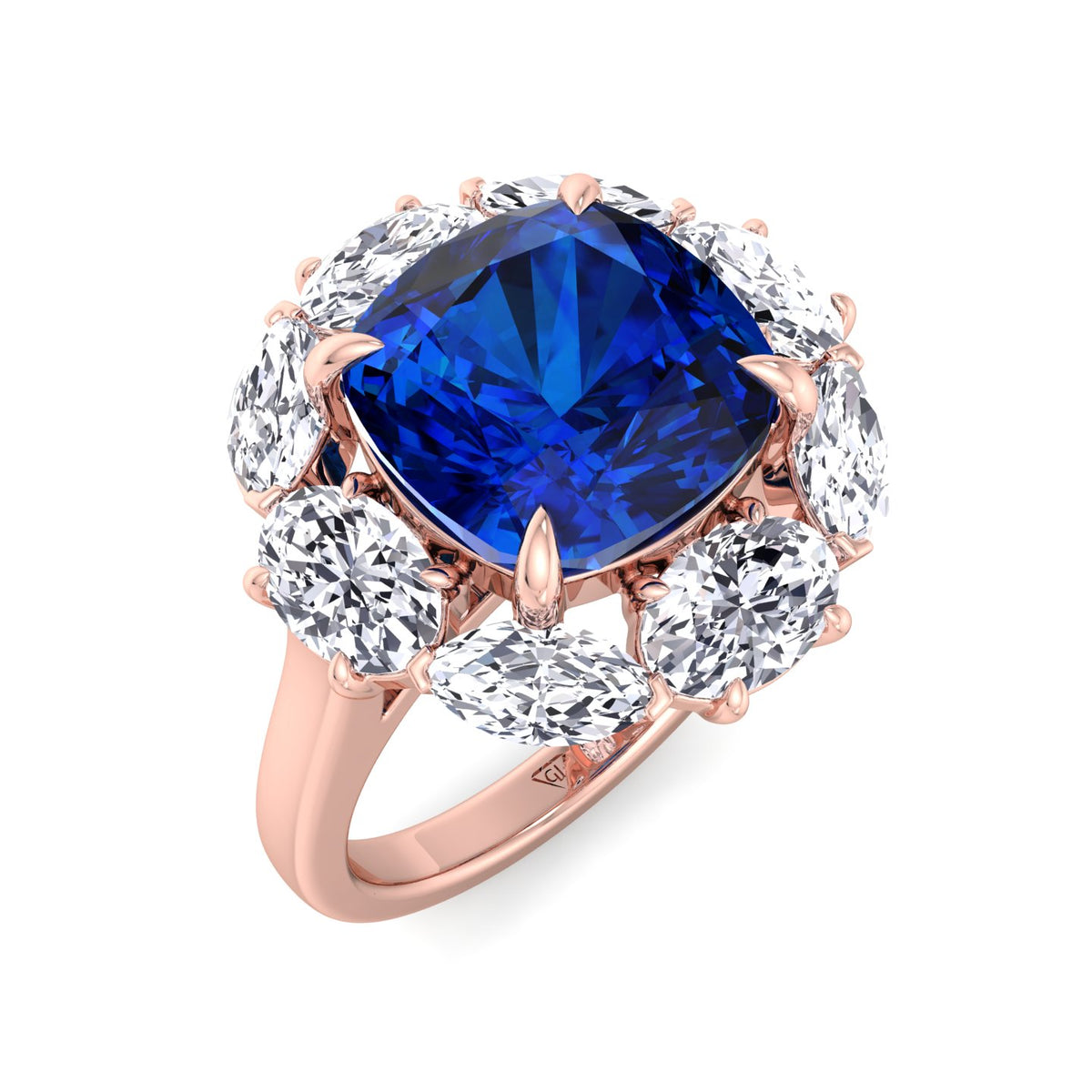 Valeria - Cushion Shape Blue Sapphire Engagement Ring With Oval and Marquise Diamond Side Stones - Gem Jewelers Co
