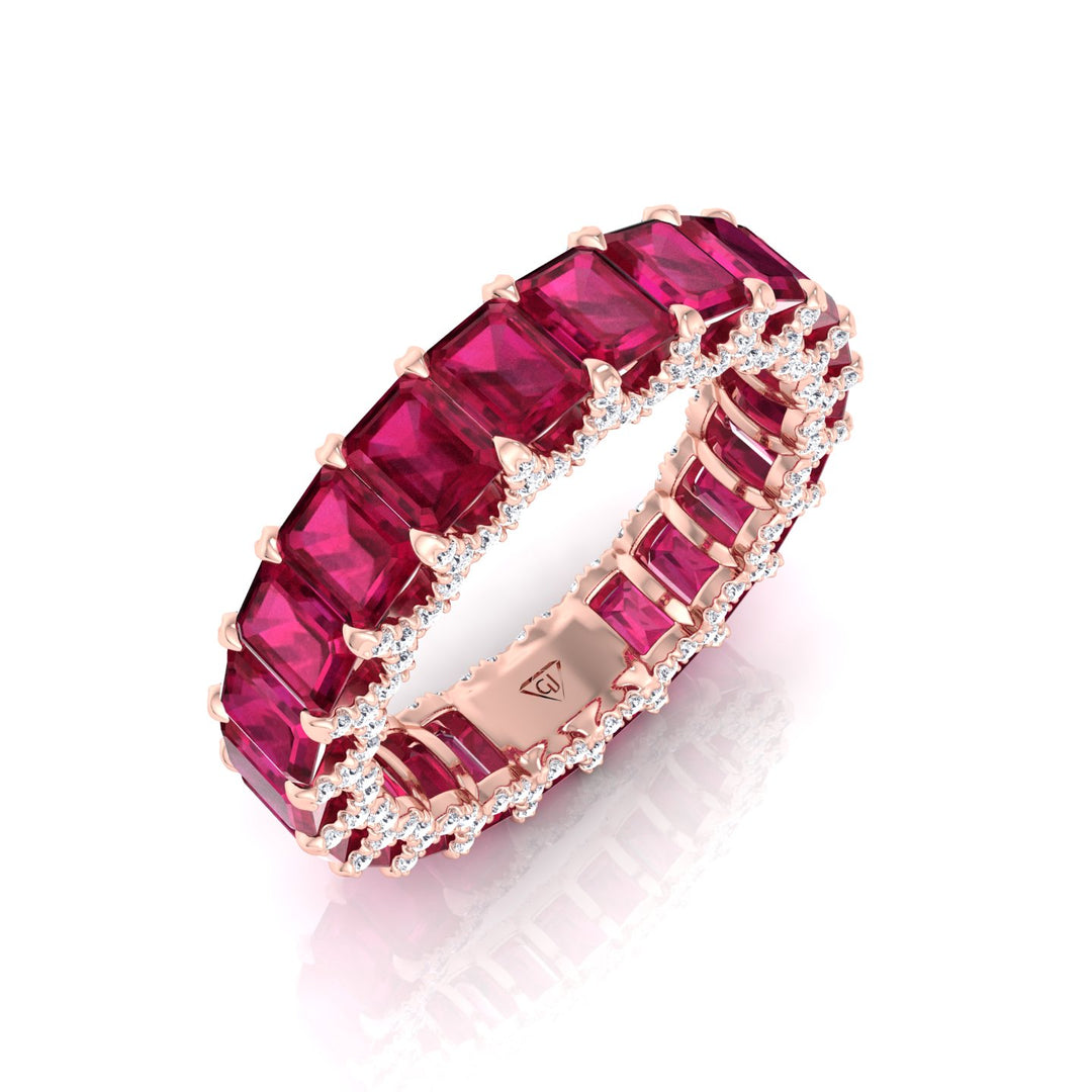 Emerald Cut Natural Red Ruby Eternity Band with Invisible Halo