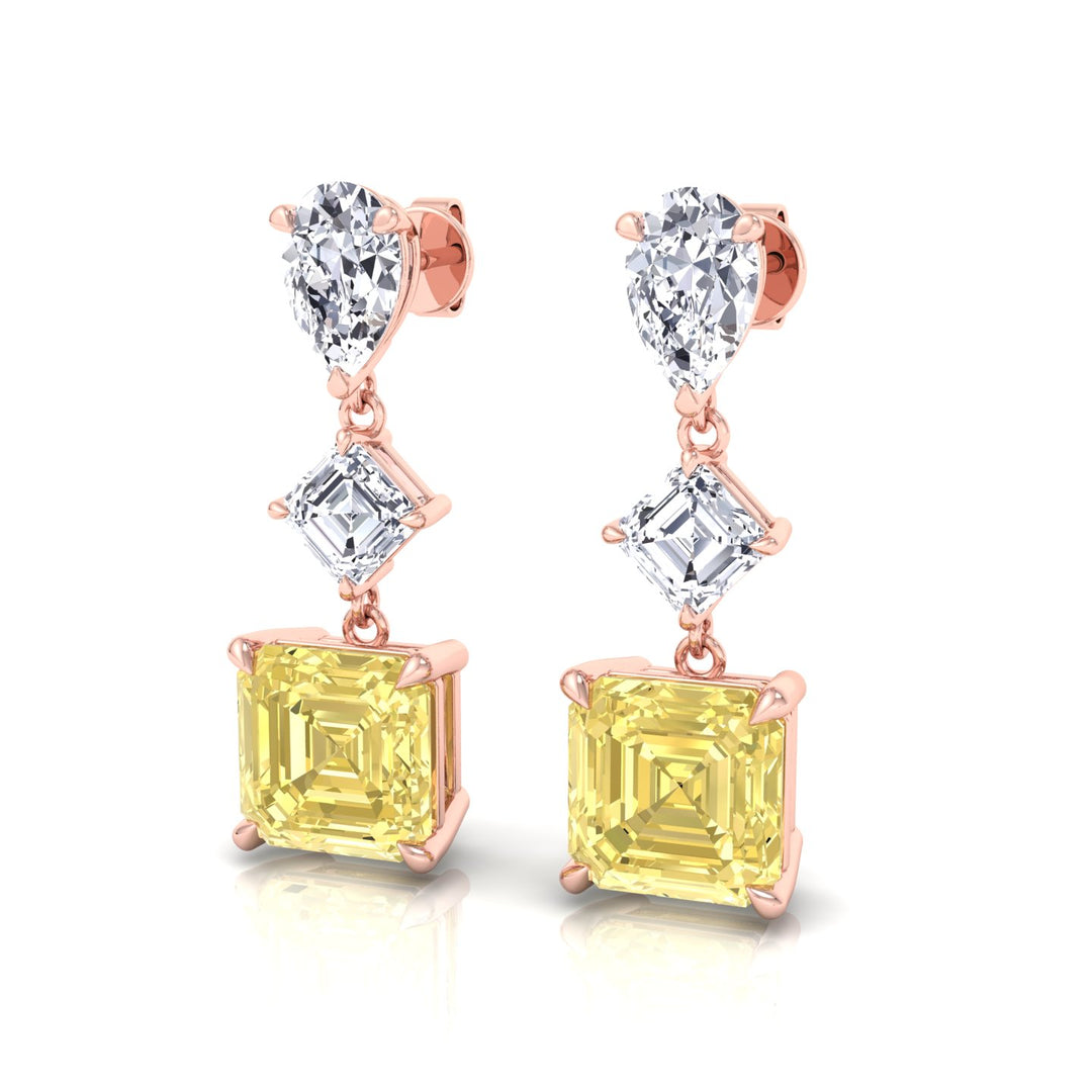 Pear & Asscher Cut Natural Diamond & Fancy Yellow Diamond Drop Earrings