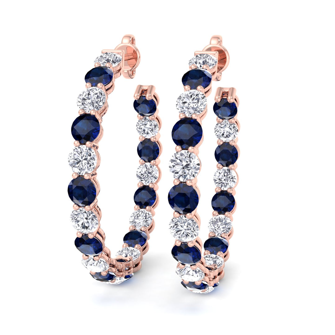 Alternating Natural Blue Sapphire and Diamond Inside Out Hoop Earrings Rose Gold 18K