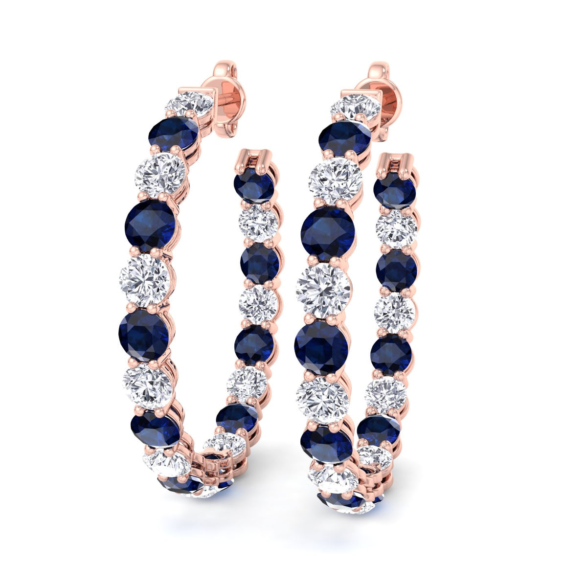 Alternating Natural Blue Sapphire and Diamond Inside Out Hoop Earrings Rose Gold 18K