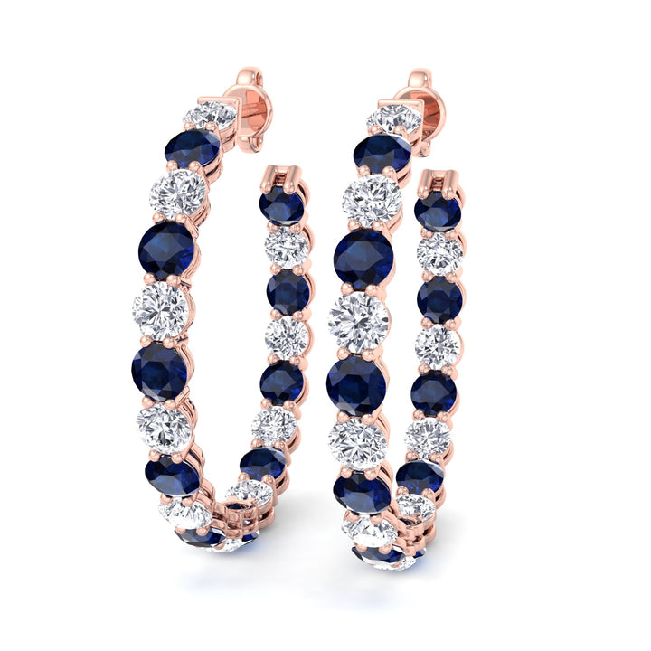 Alternating Natural Blue Sapphire and Diamond Inside Out Hoop Earrings Rose Gold 18K