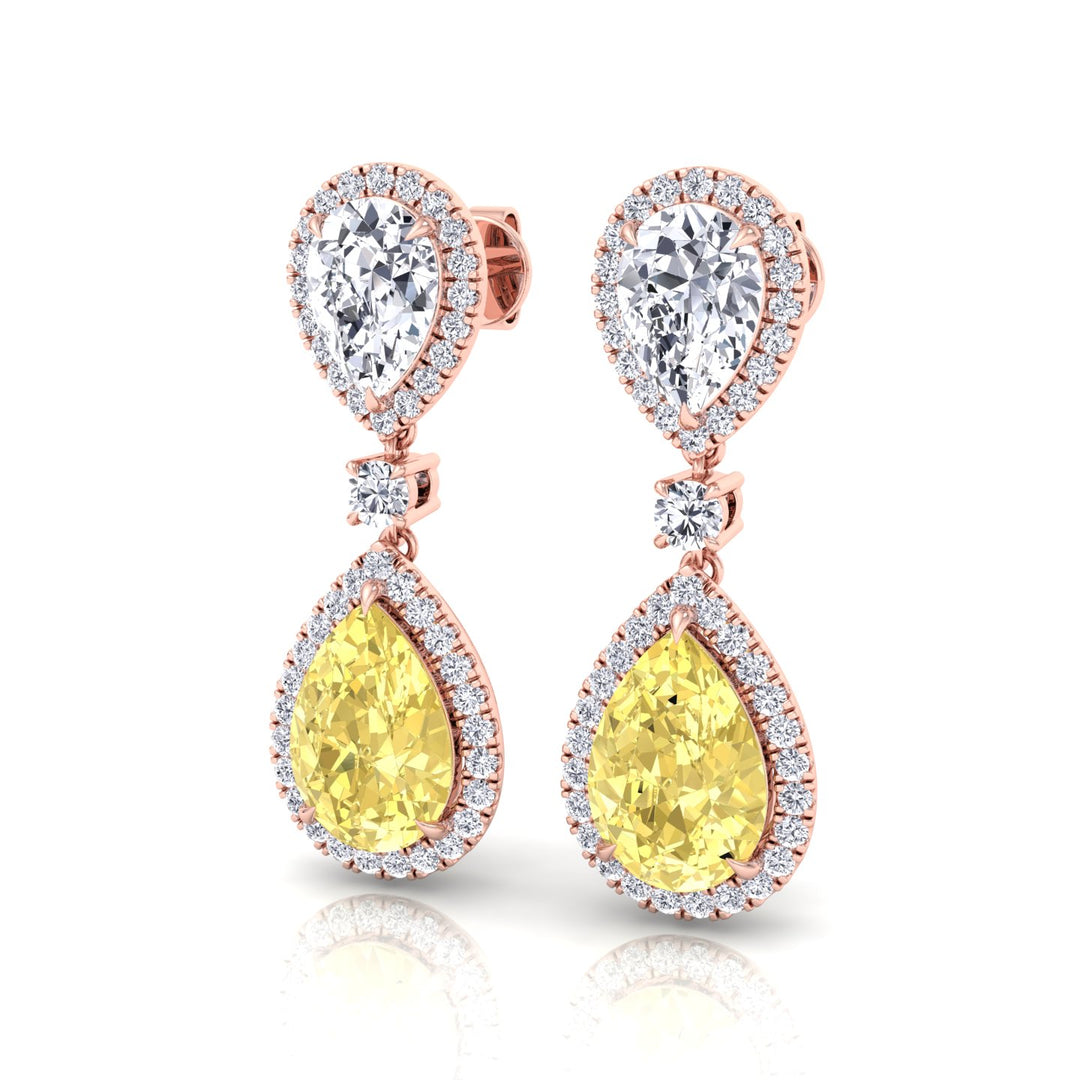 Pear & Round Cut Natural Diamond & Fancy Yellow Diamond Halo Drop Earrings