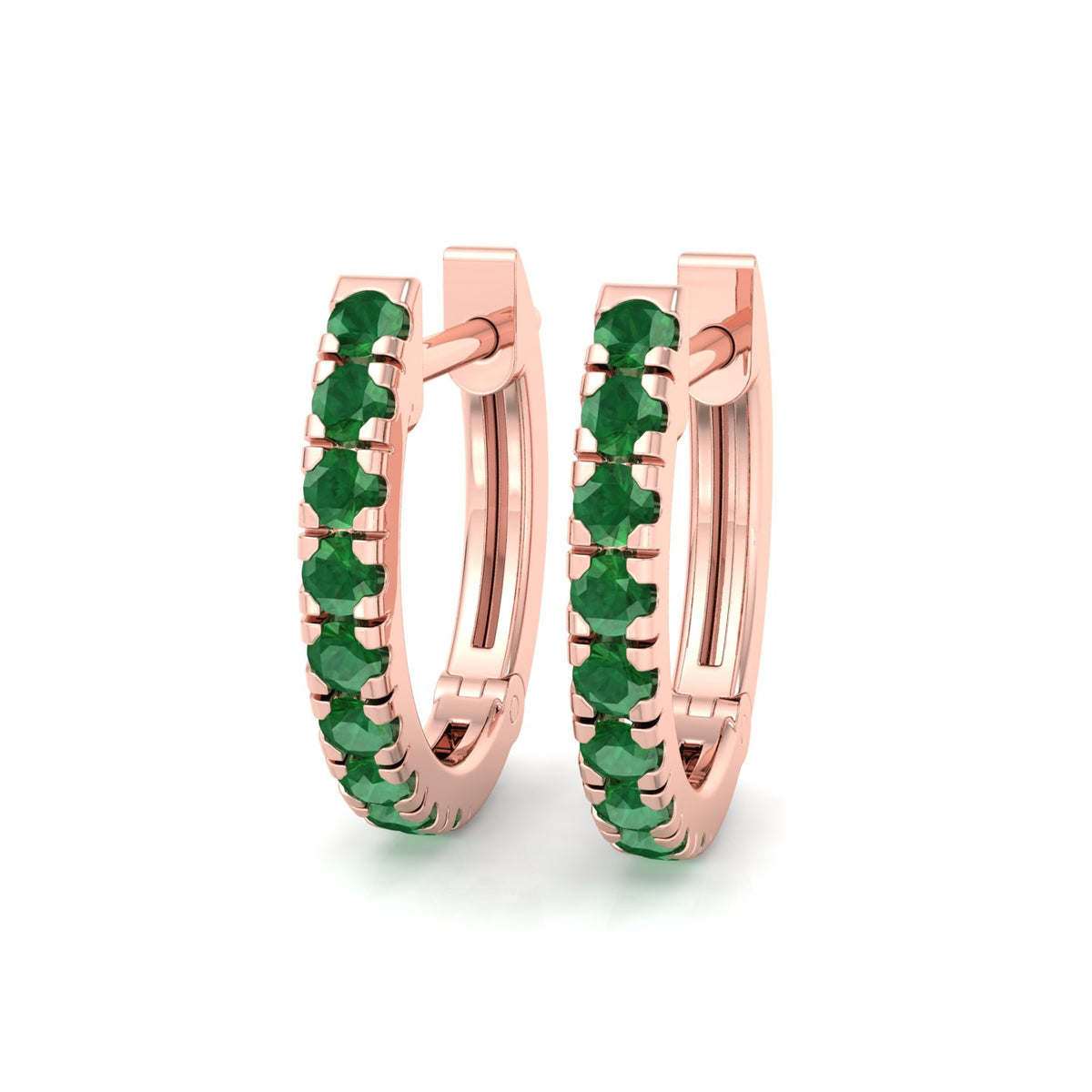 Natural Green Emerald Round Shape Huggie Hoop Earrings Rose Gold 18K 1 