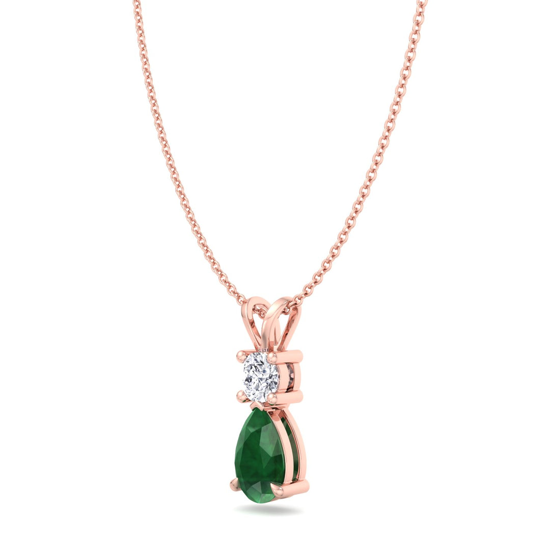 10K Yellow Gold Pendant – 9x6mm Pear Lab Emerald & 0.10ct Round Diamond – 18-Inch Chain Included