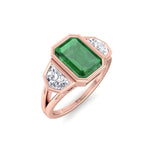 Bezel Set Natural Emerald Shape Green Emerald with Half Moon Diamond Sidestones Engagement Ring Rose Gold 18K
