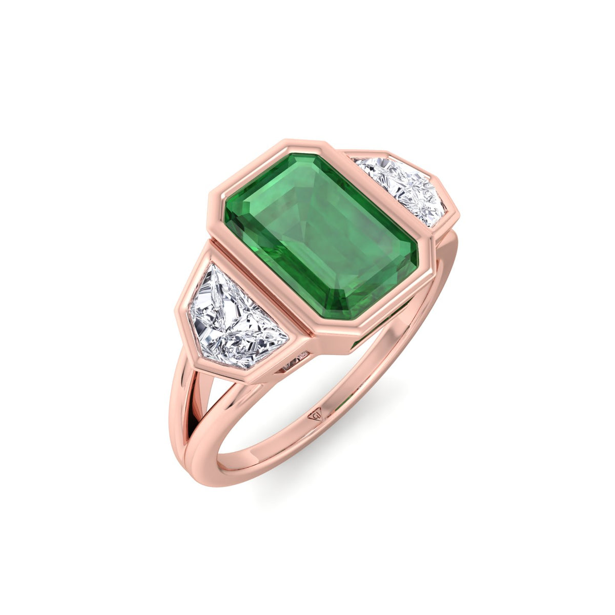 Bezel Set Natural Emerald Shape Green Emerald with Half Moon Diamond Sidestones Engagement Ring Rose Gold 18K