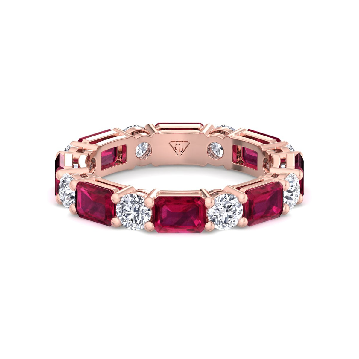 Alternating Natural Emerald Shape Red Ruby and Round Shape Diamond Eternity Band Rose Gold 14K