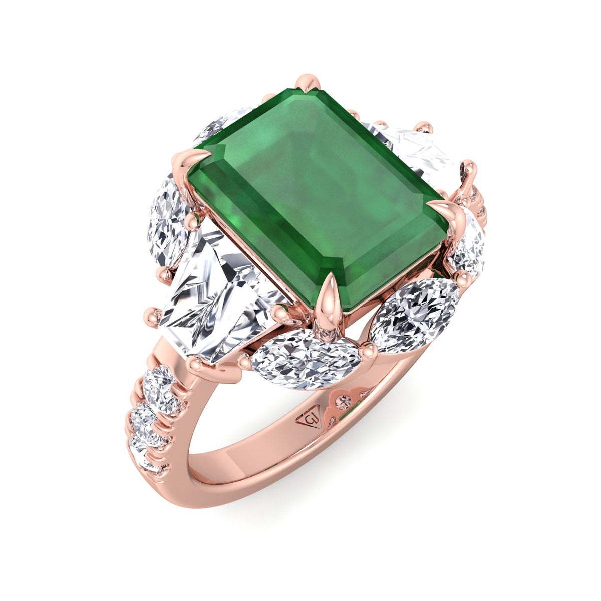 Anzola - Emerald Shape Green Emerald Engagement Ring with Marquise, Trapezoid, and Round Side Stones - Gem Jewelers Co