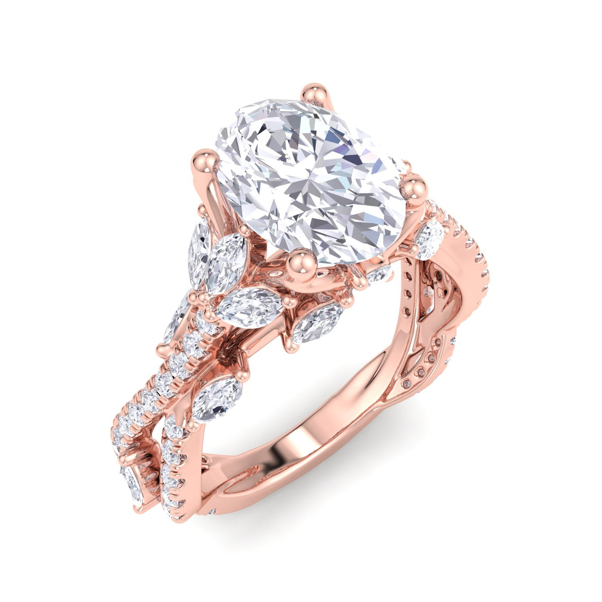 Fiorella - Oval Shape Diamond Engagement Ring with Marquise Shape Side stones and Twisted Pave Band - Gem Jewelers Co
