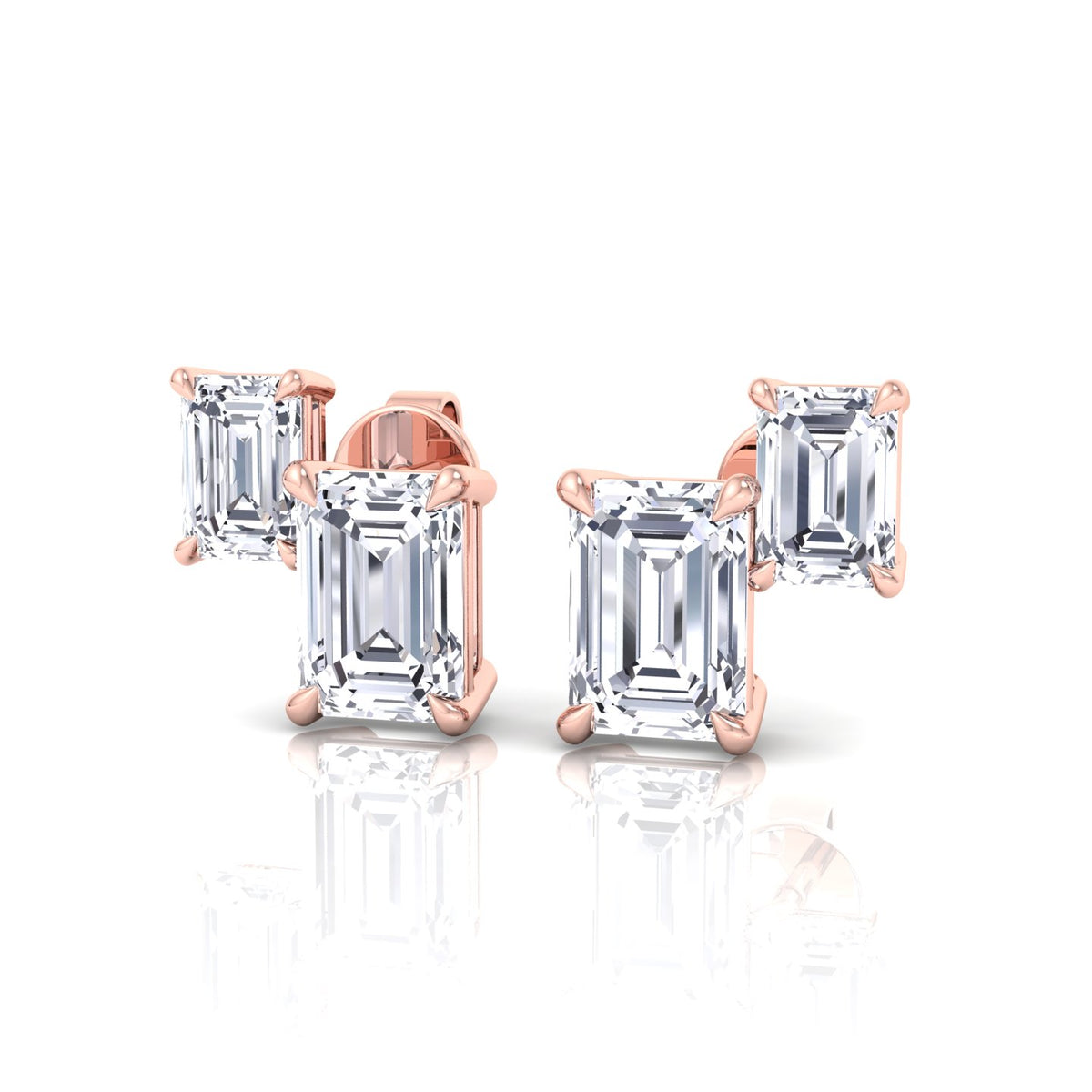 Double Emerald Shape Natural Diamond Studs-1.4CT-Rose Gold