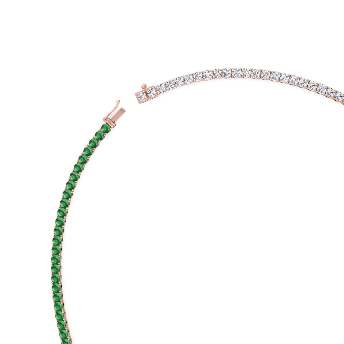 Natural Half Green Emerald and Diamond Tennis Necklace Rose Gold