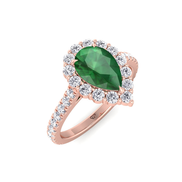 Natural Pear Shape Green Emerald Halo Engagement Ring With Pave Band