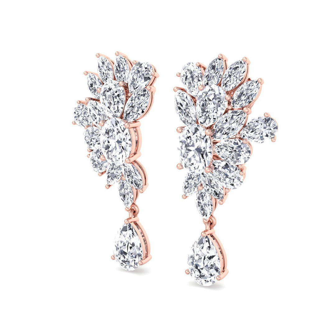 Cluster Marquise and Pear Shape Natural Diamond Drop Earrings Rose Gold 18K