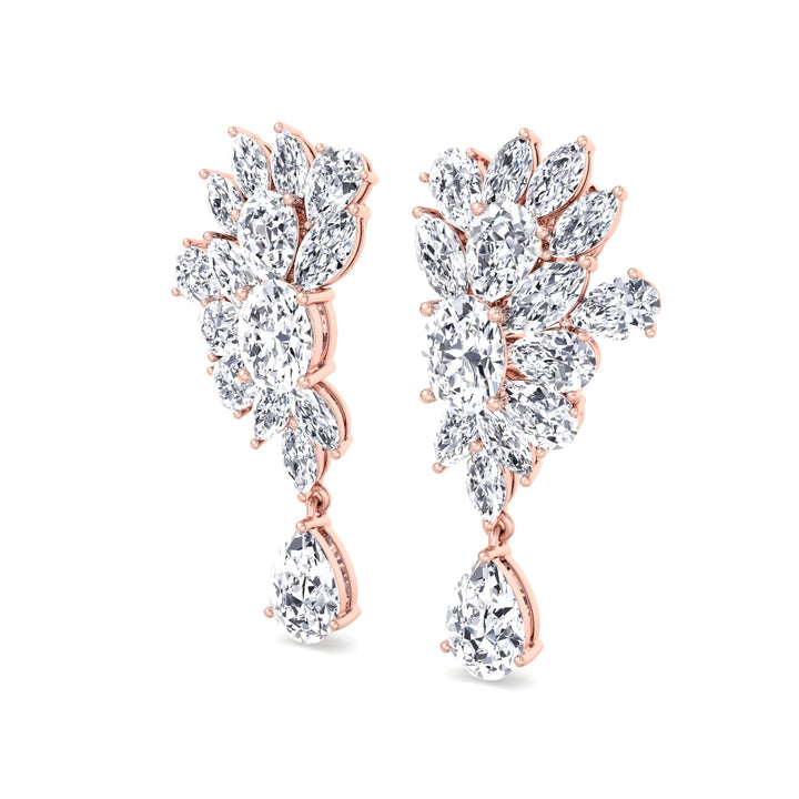 Cluster Marquise and Pear Shape Natural Diamond Drop Earrings Rose Gold 18K