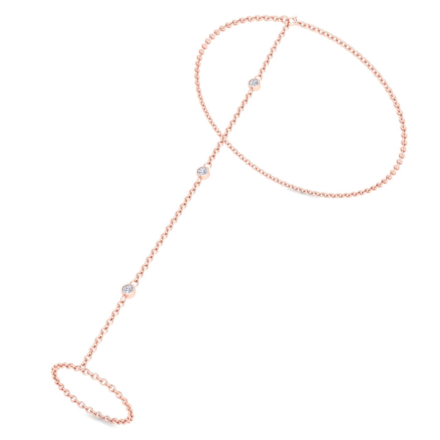 Bezel Set Round Shape Natural Diamond Hand Ring Chain Rose Gold 14K 0.75ct