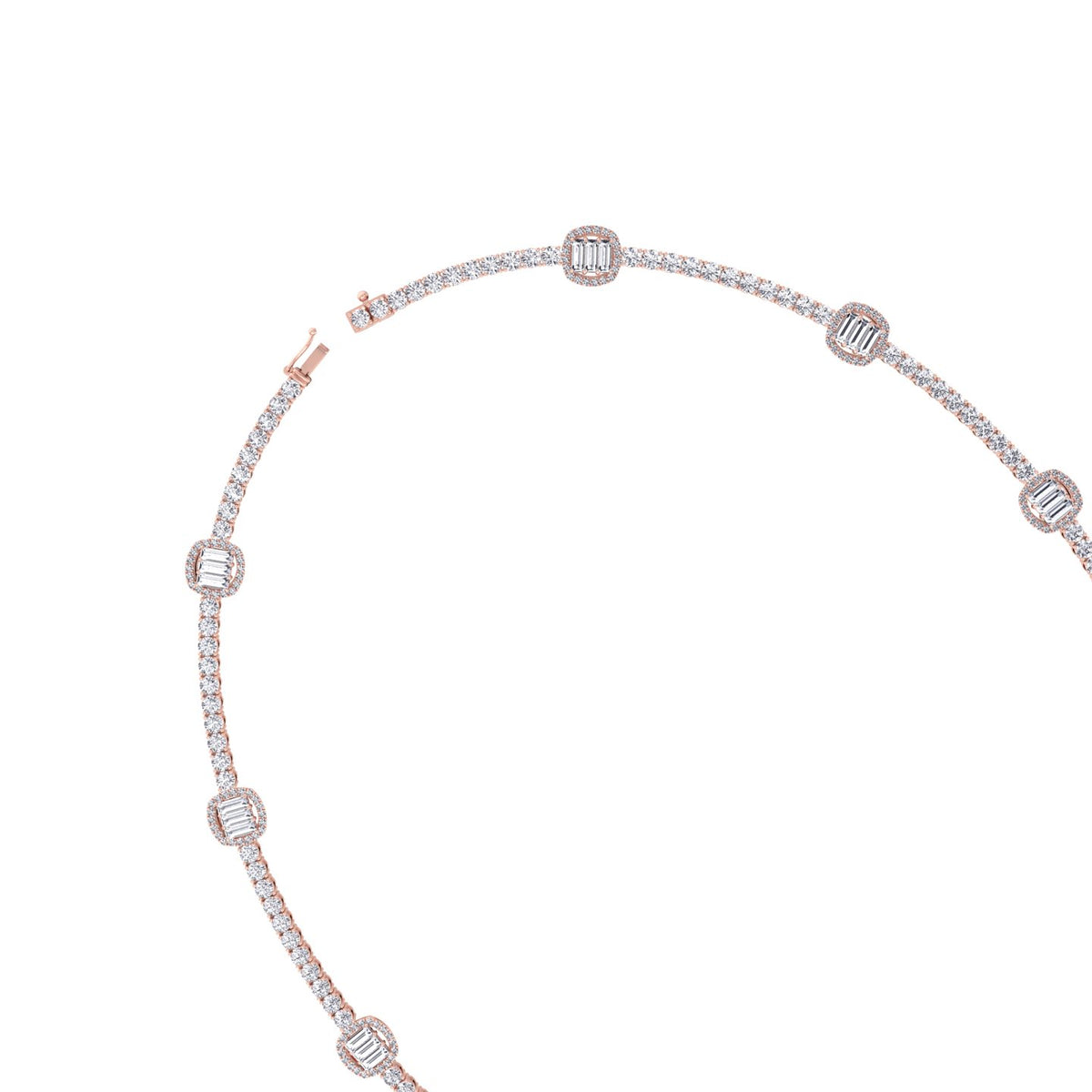 Emerald Shape Halo Station Natural Diamond Tennis Necklace in 14K Solid Gold Rose Gold 14K