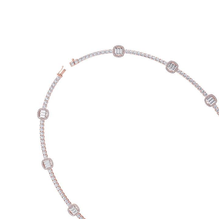 Emerald Shape Halo Station Natural Diamond Tennis Necklace in 14K Solid Gold Rose Gold 14K