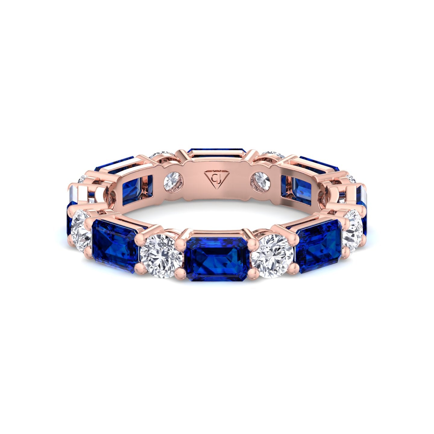 Alternating Natural Emerald Shape Blue Sapphire and Round Shape Diamond Eternity Band Rose Gold 14K