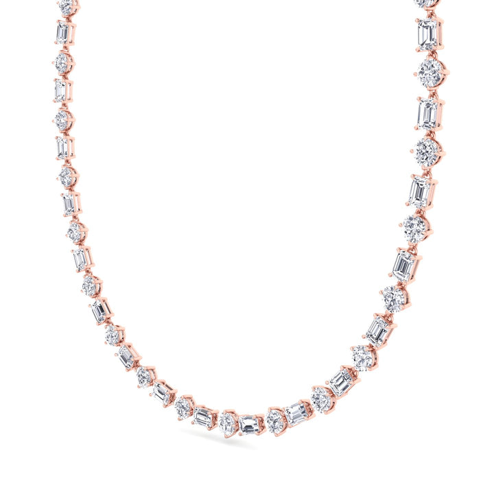 Alternating Emerald and Round Natural Diamond Tennis Necklace Rose Gold 18K