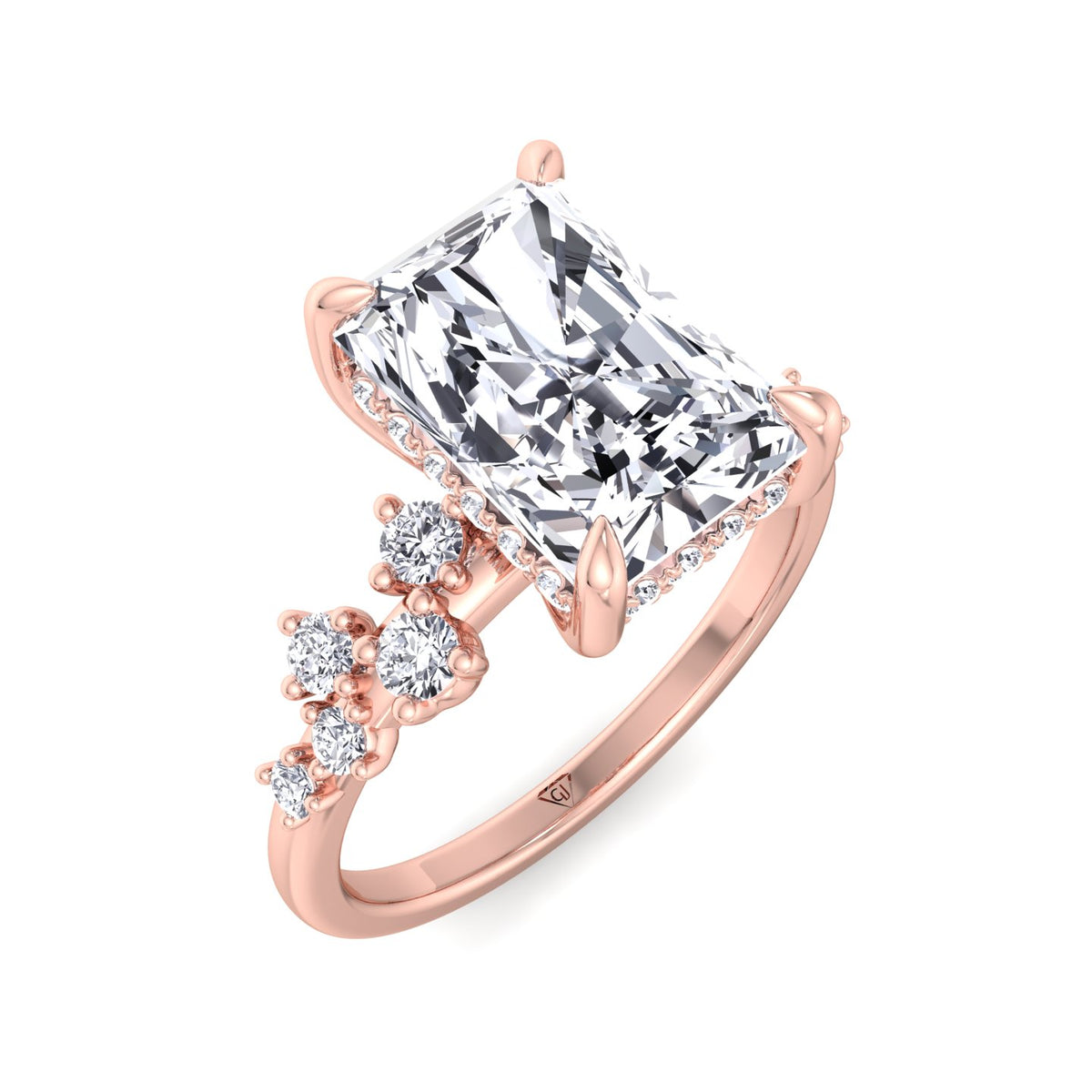 Carmela - Radiant Shape Hidden Halo Diamond Engagement Ring With Clustered Side Stones - Gem Jewelers Co