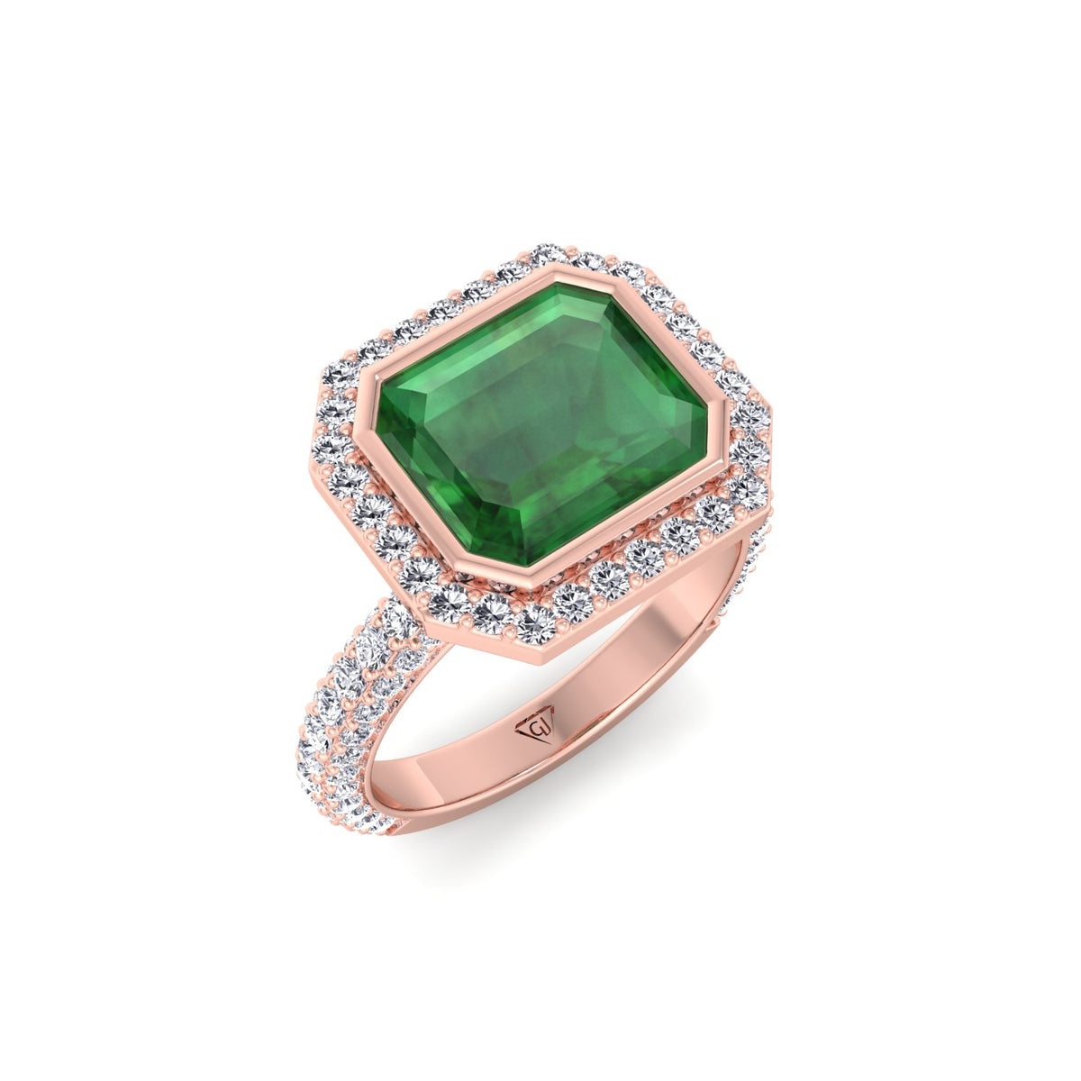 Natural Green Emerald Halo Engagement Ring With Pave Band RG