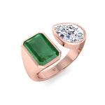 Pamina - Bezel Set Toi Et Moi Green Emerald and Pear Shape Diamond Open Ring - Gem Jewelers Co