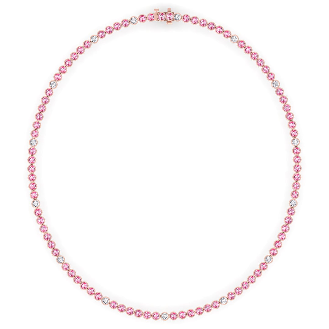 Bezel Set Natural Pink Sapphire Tennis Necklace with Diamonds
Rose Gold 18K