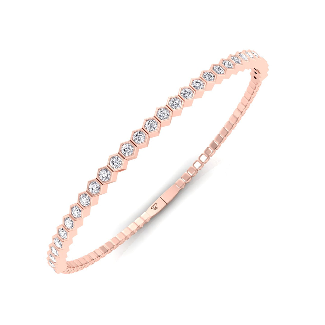 Hexagonal Bezel Set Natural Diamond Flexible Bangle Rose Gold  18K