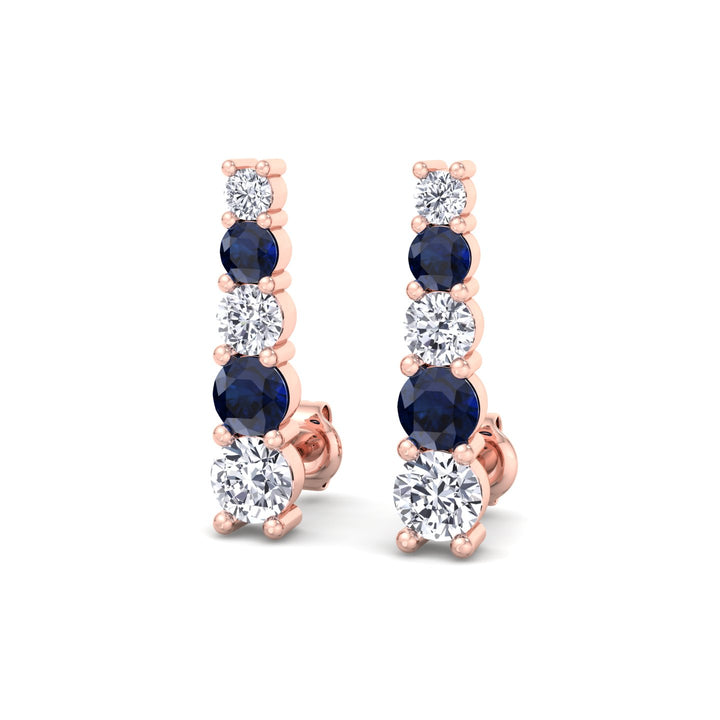 Graduated Natural Diamond and Blue Sapphire Climber Earrings-3CT-18K-Rose Gold