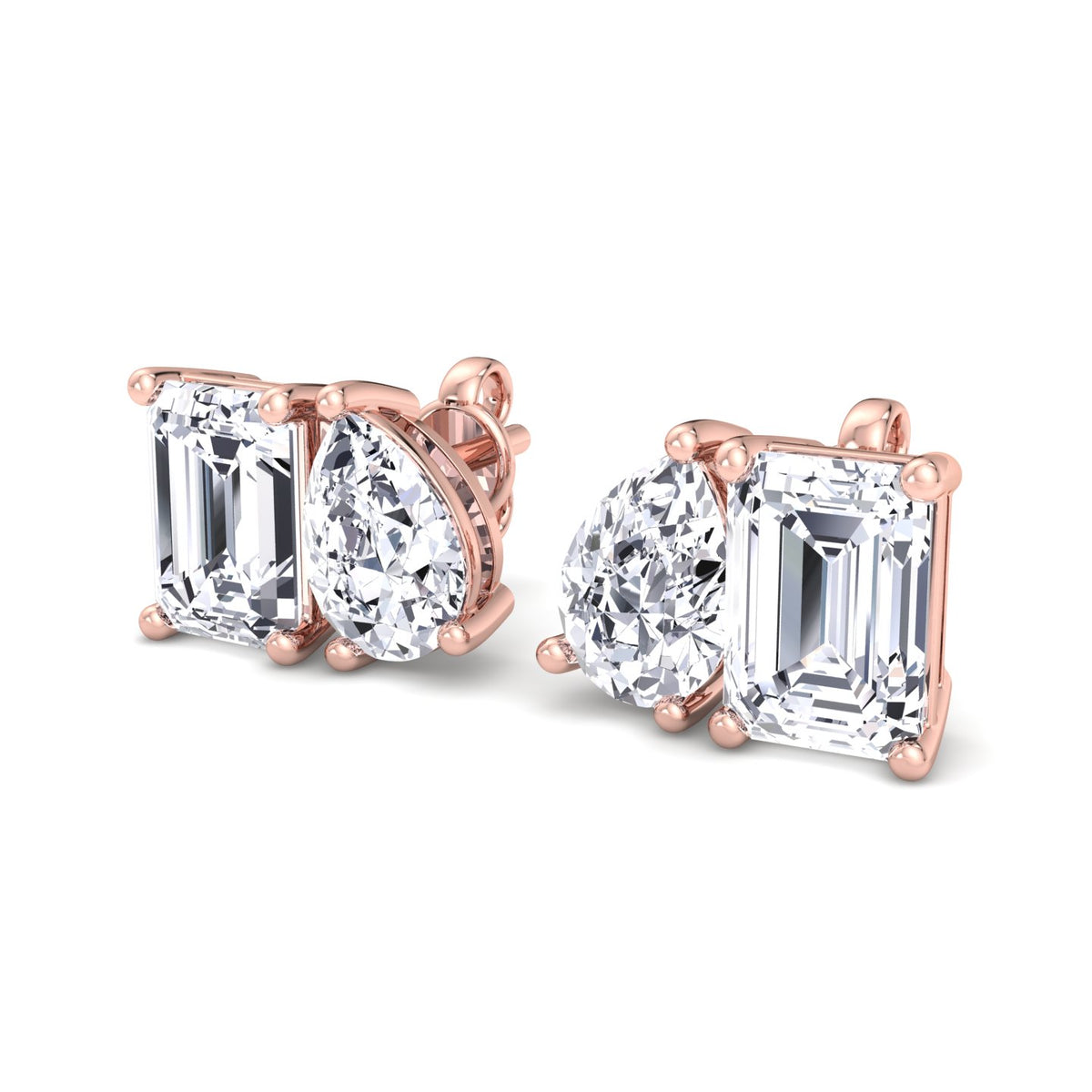 Emerald and Pear Shape Toi Et Moi Natural Diamond Studs Rose 3