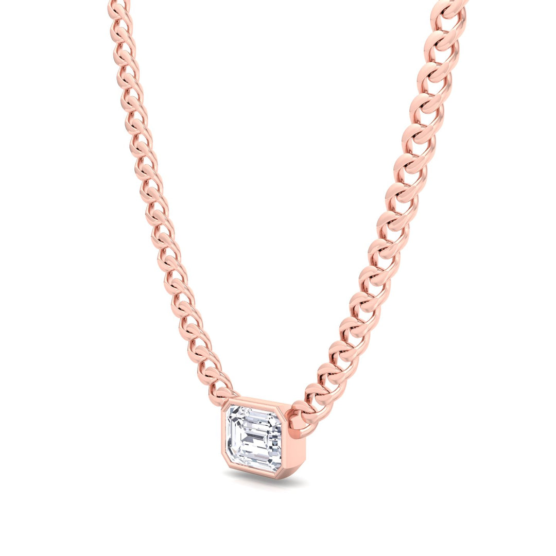 Bezel Set Emerald Cut Natural Diamond Cuban Chain Necklace Rose Gold 14K