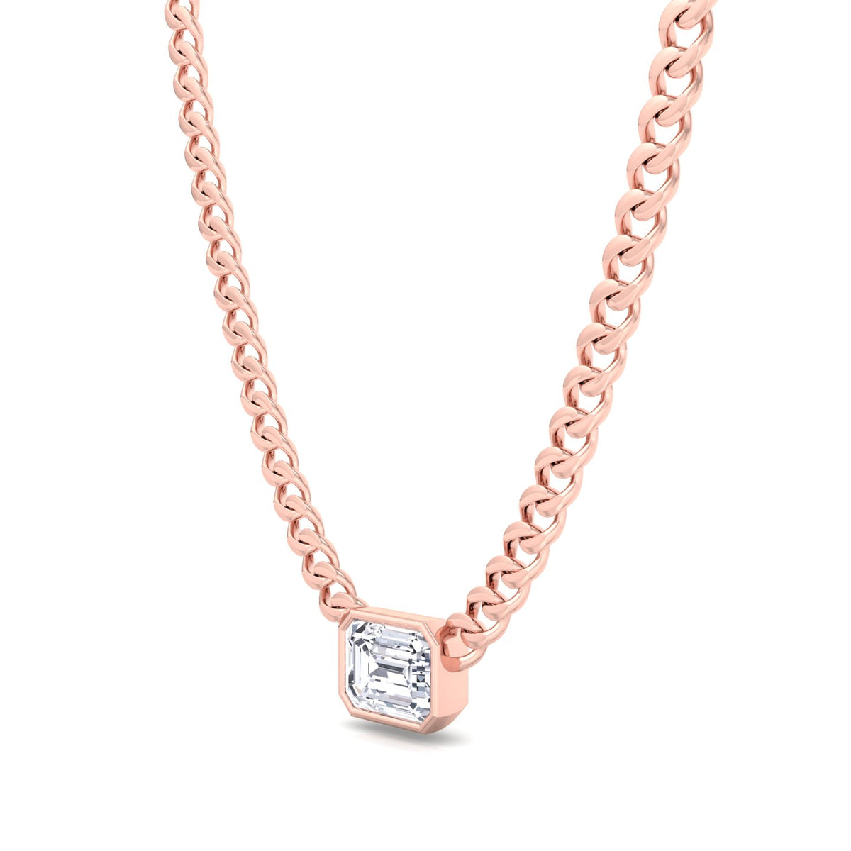 Bezel Set Emerald Cut Natural Diamond Cuban Chain Necklace Rose Gold 14K