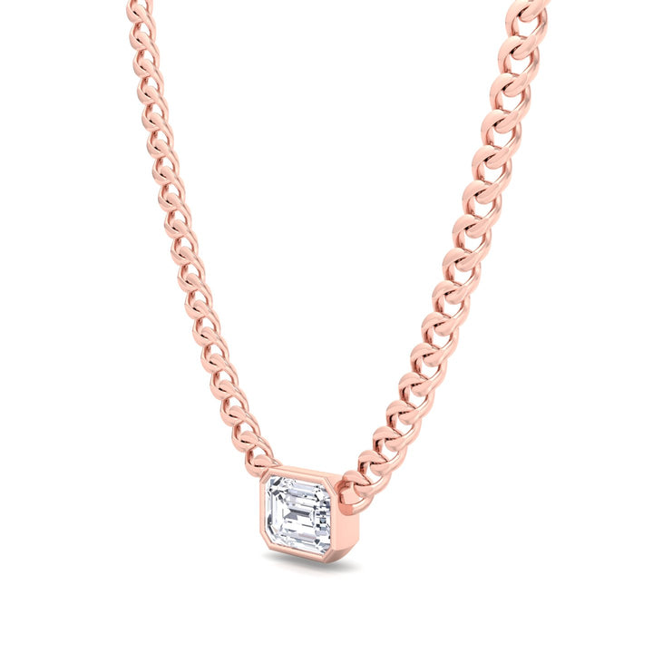 Bezel Set Emerald Cut Natural Diamond Cuban Chain Necklace Rose Gold 14K