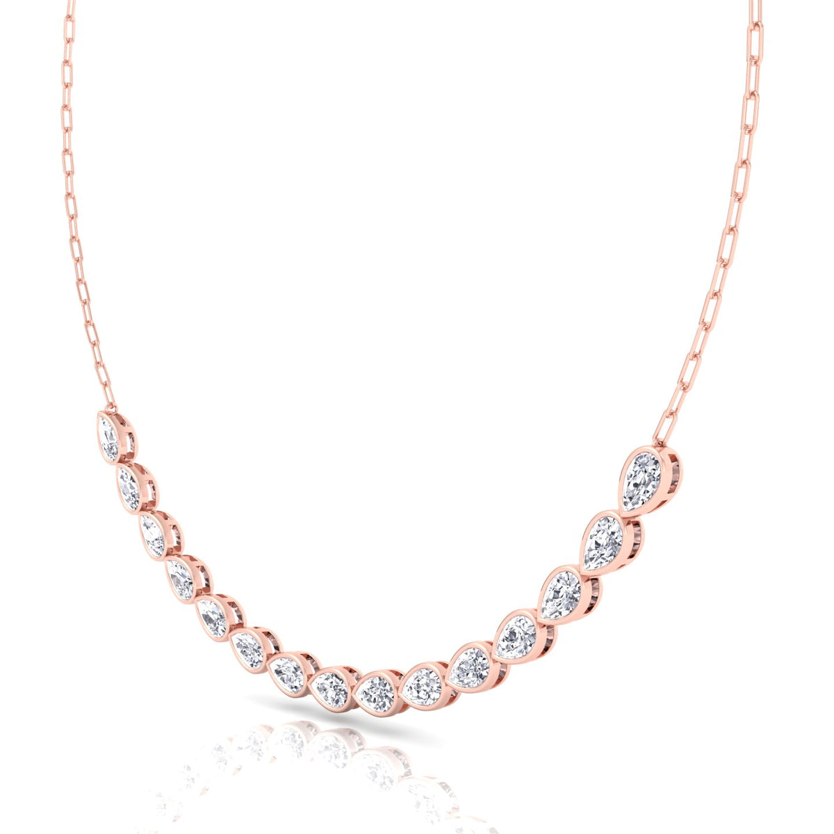 Paper Clip and Pear Shape Bezel Set Diamond Tennis Necklace Rose Gold 14K