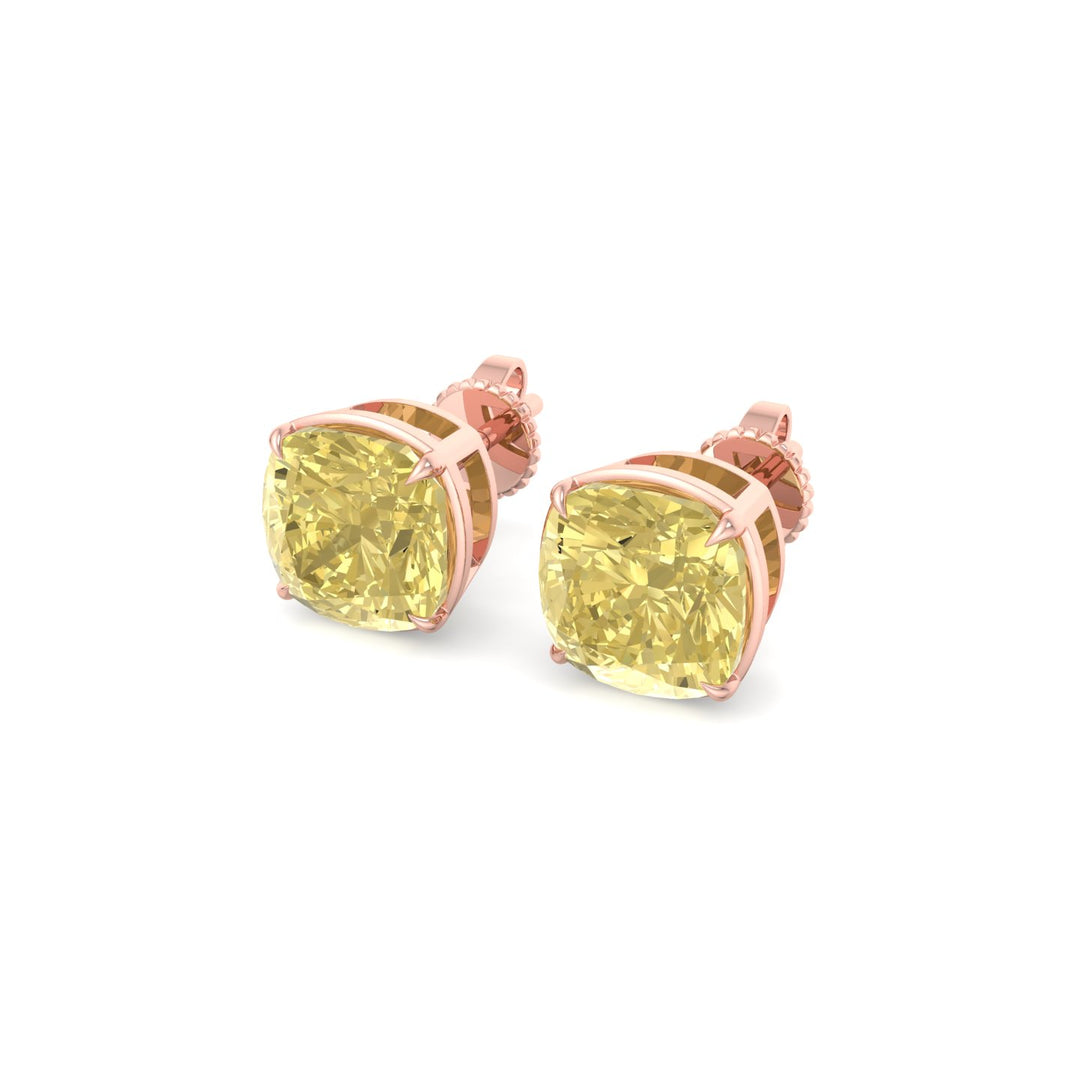 Natural Fancy Yellow Cushion Cut Diamond Studs Rose Gold 18K