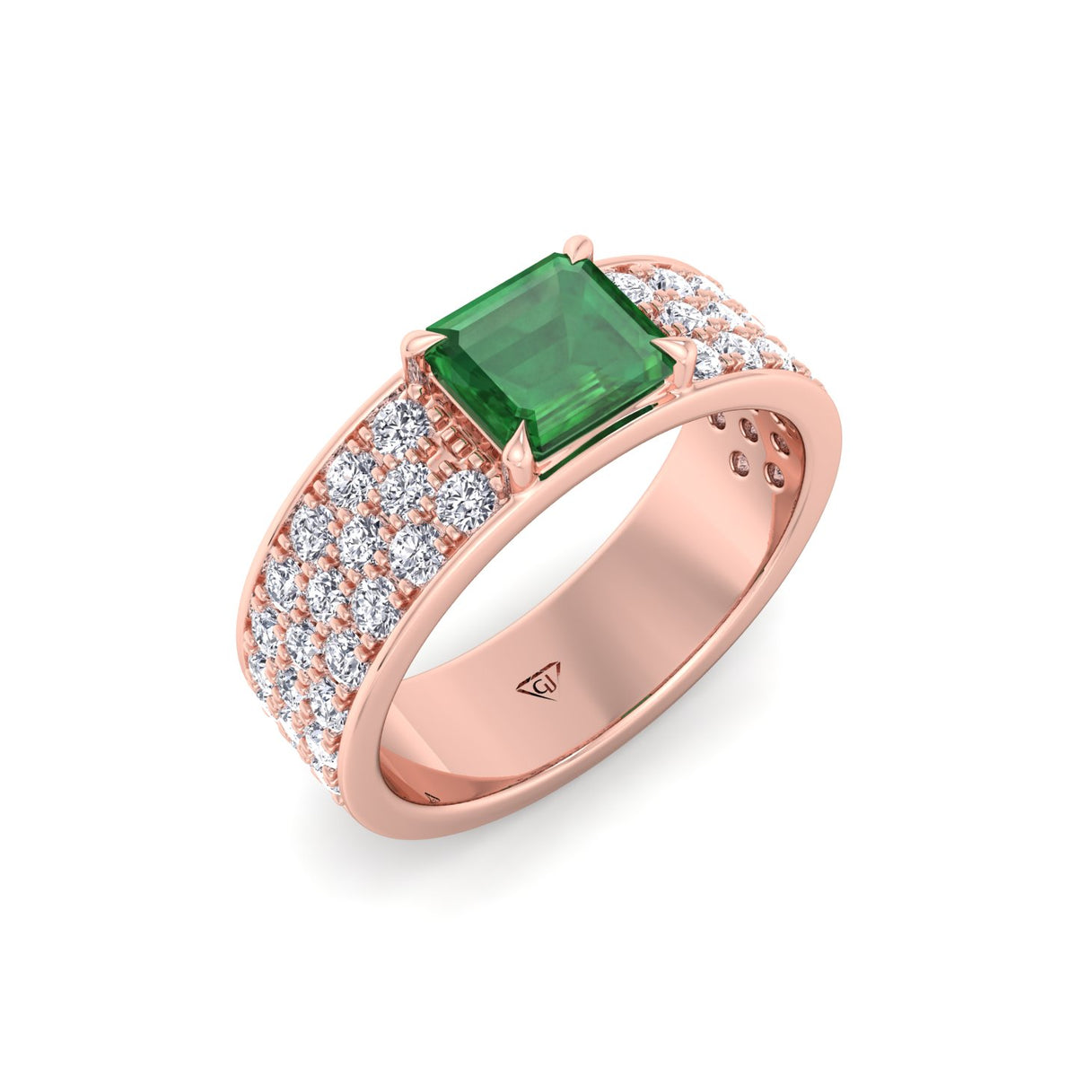 Natural Green Emerald Cushion Cut with Pave Eternity Band RG