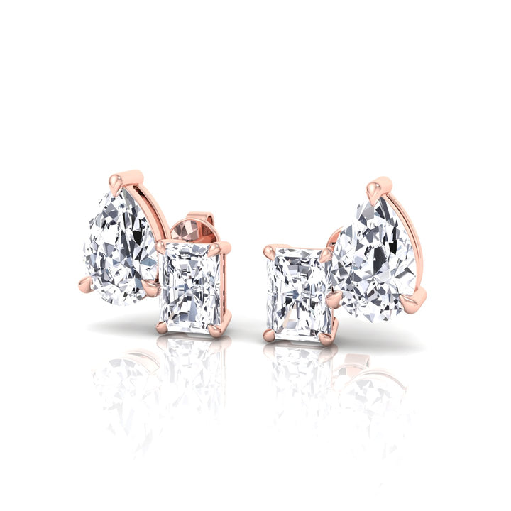 Radiant and Pear Shape Toi Et Moi Natural Diamond Studs-0.5CT-1CT-2CT- Rose Gold