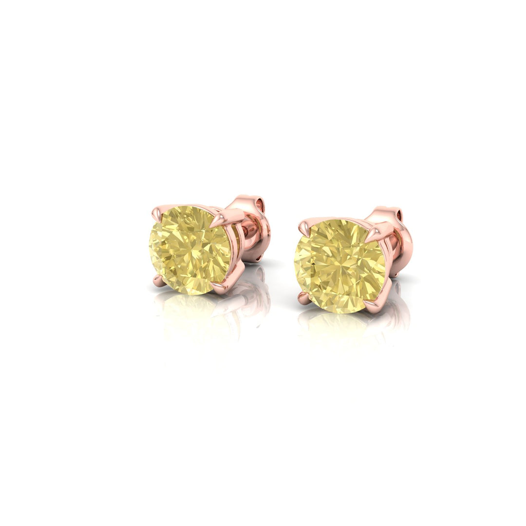 Fancy Yellow Round Cut Natural Diamond Earrings Rose Gold 18K 
