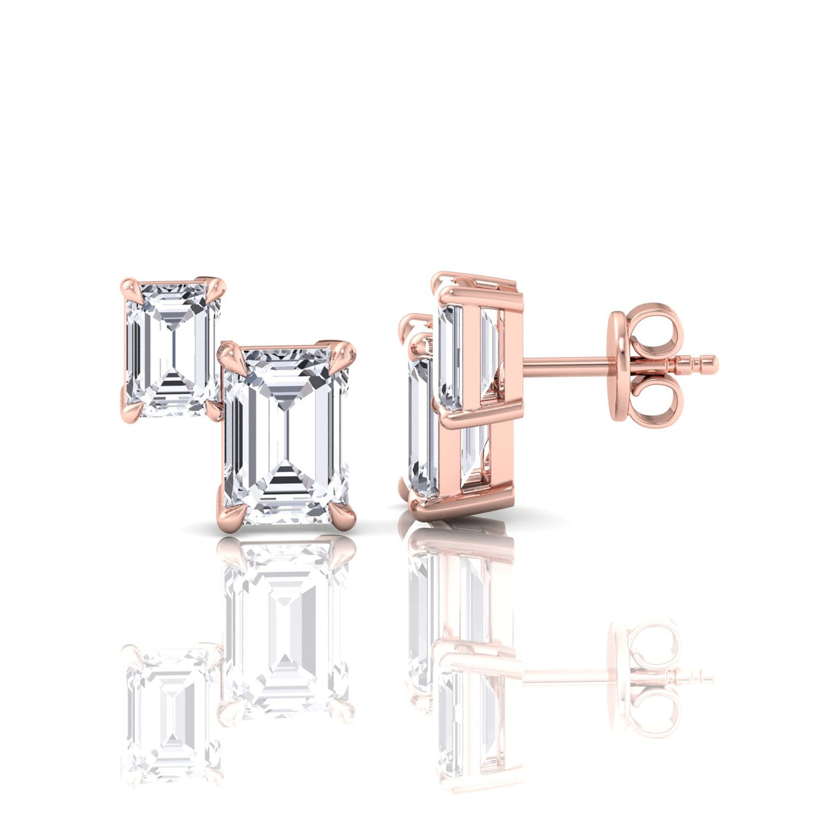 Double Emerald Shape Natural Diamond Studs-14K-18K-Rose Gold