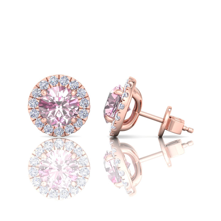 Round Shape Natural Pink Sapphire & Diamond Halo Studs