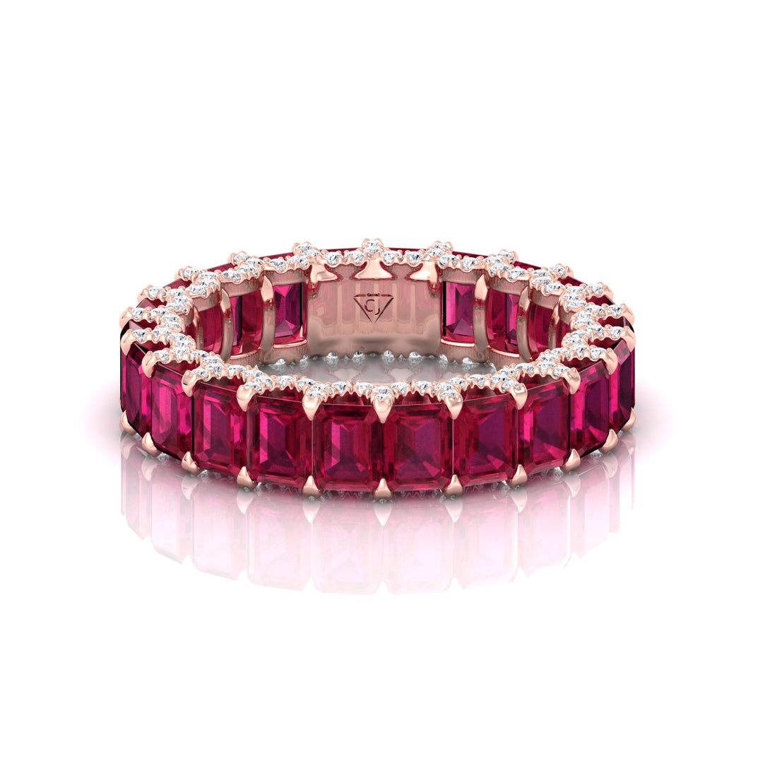 Emerald Cut Natural Red Ruby Eternity Band with Invisible Halo