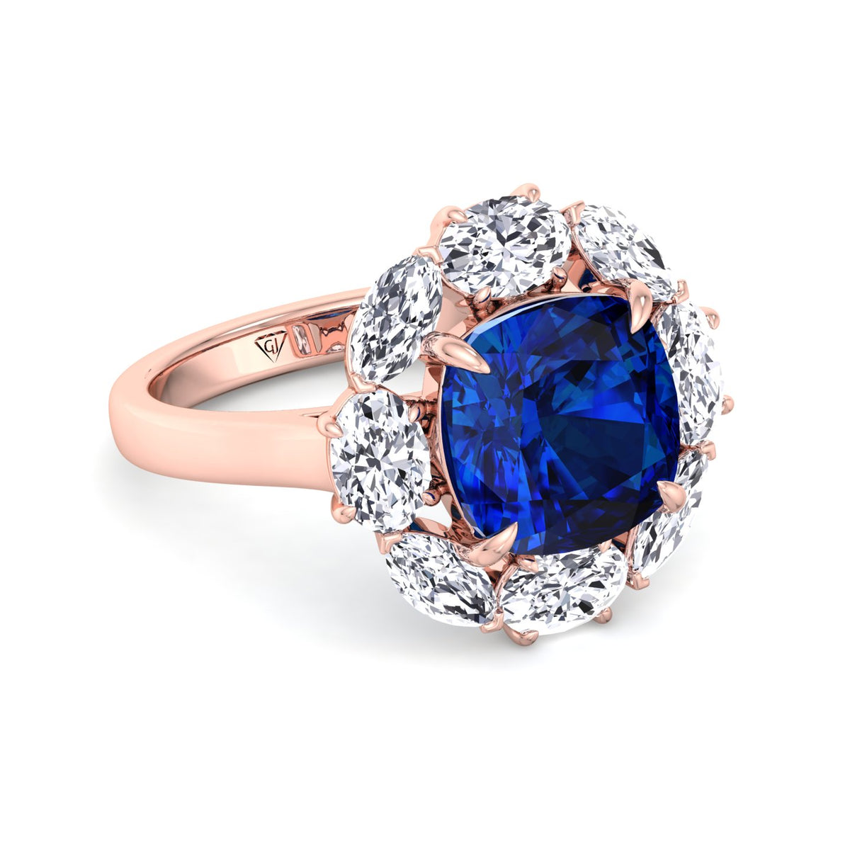 Valeria - Cushion Shape Blue Sapphire Engagement Ring With Oval and Marquise Diamond Side Stones - Gem Jewelers Co