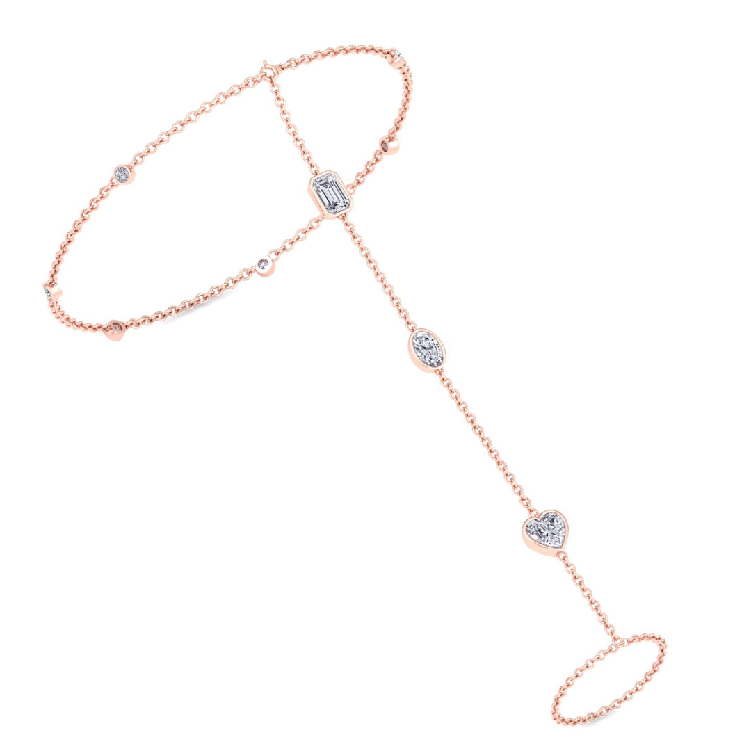 Bezel Set Natural Diamond Hand Ring Chain Rose Gold 