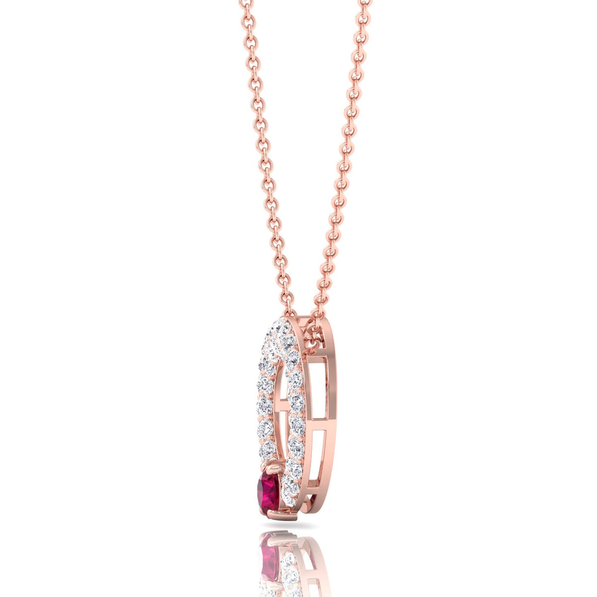 Round Shape Natural Diamond & Red Ruby Open Circle Pendant-1.25CT-14K-Rose Gold