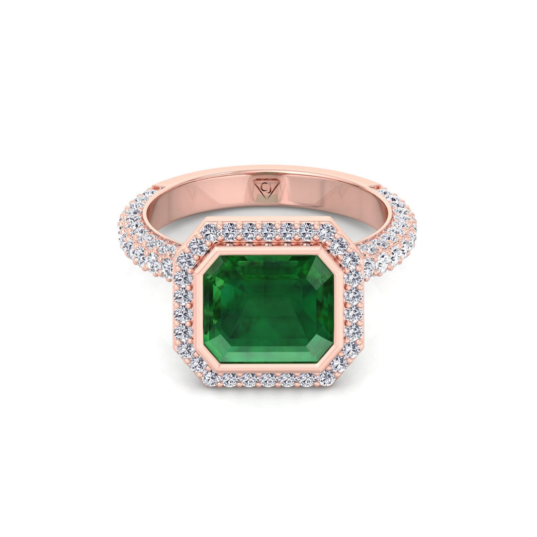 Natural Green Emerald Halo Engagement Ring With Pave Band RG 2