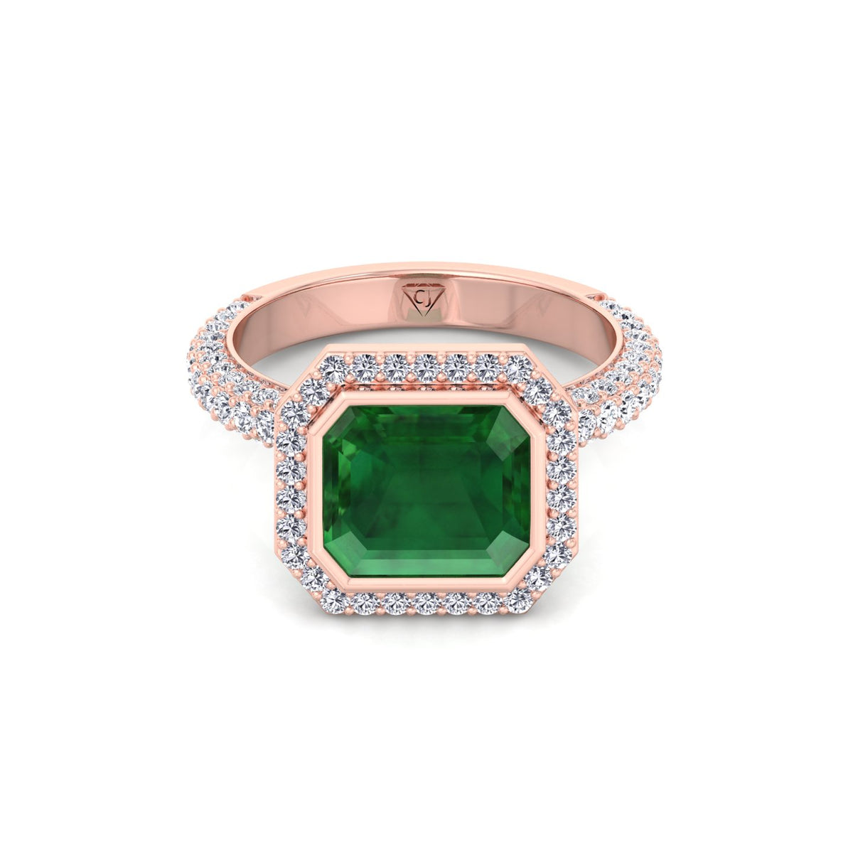 Natural Green Emerald Halo Engagement Ring With Pave Band RG 2